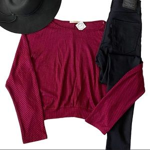 NWT! Waffle Pattern Long Sleeve Boatneck Mid Crop